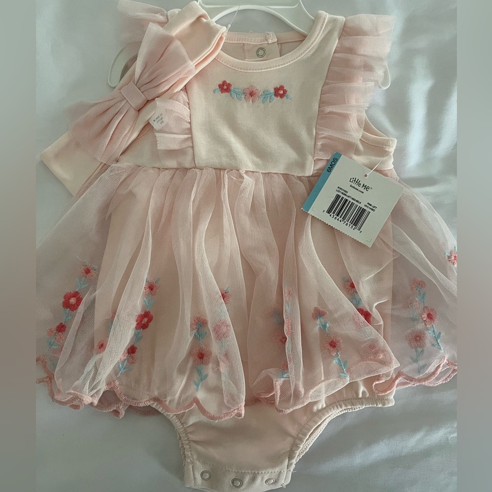 New with tag - Little Me pink bodysuit with attached tutu and matching headband